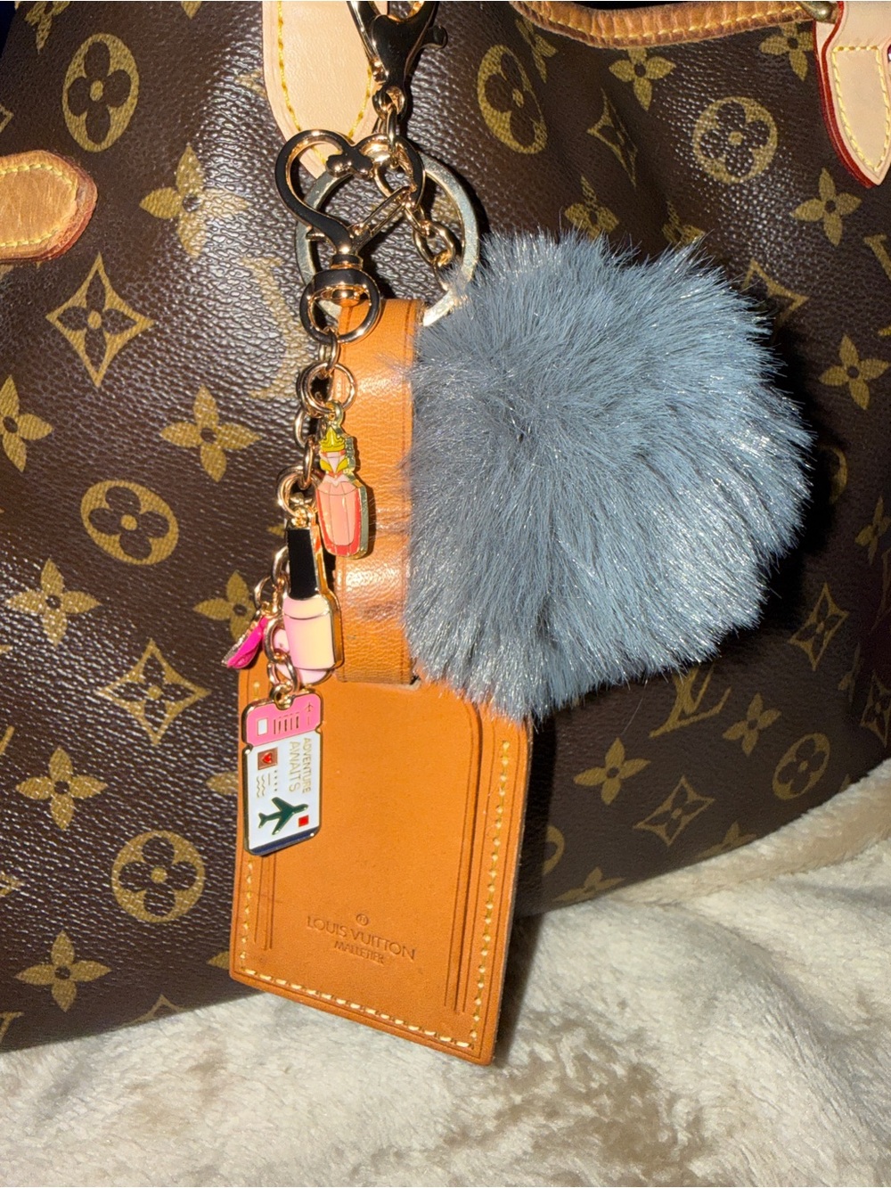 Louis VuittonLeather Luggage Tag with Pom-Pom Bag Charm Keychain